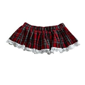 Red Tartan Plaid Micro Mini Skirt White Lace Low Rise School Girl Gothic Size M